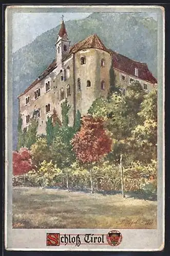 Künstler-AK E.F. Hofecker: Schloss Tirol, Ansicht mit Bergpanorama, Deutscher Schulverein