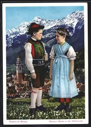AK Meran, Kinder in Volkstracht vor dem Ort