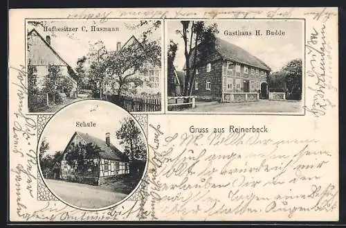 AK Reinerbeck, Gasthaus H. Budde, Hofbesitzer C. Husmann, Schule