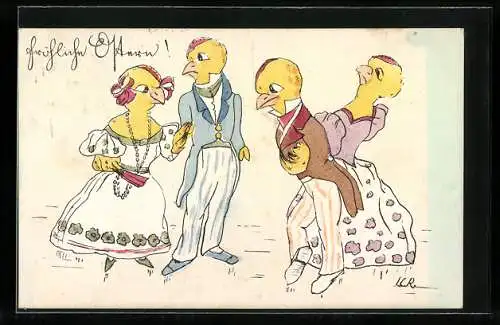 Künstler-AK Osterküken in eleganter Kleidung