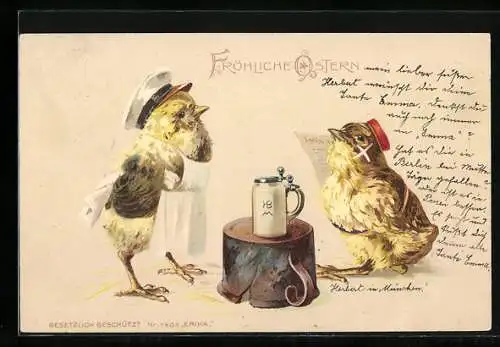 AK vermenschlichte Tiere, Osterküken mit Bierkrug