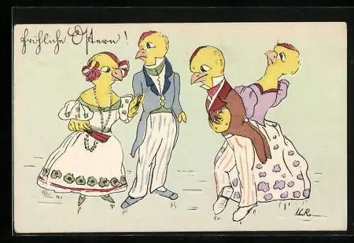 Künstler-AK Osterküken in eleganter Kleidung