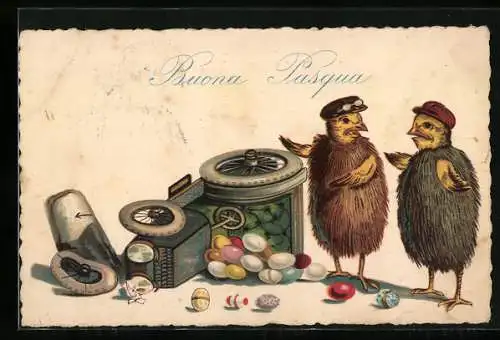 Künstler-AK Osterküken neben umgekipptem Auto