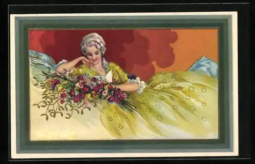 Künstler-AK Dame im Kleid liest, Art Deco
