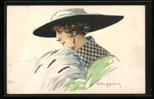 Künstler-AK Elegante Dame mit Hut, Art Deco