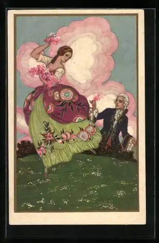 AK Barockes Paar auf einer Wiese, Art Deco