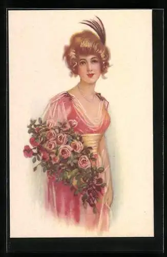 Künstler-AK Junge Dame mit Rosen, Art Deco