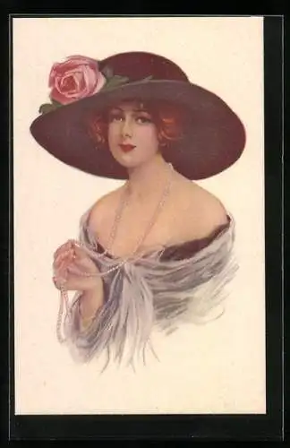 Künstler-AK Elegante Dame mit Hut, Art Deco