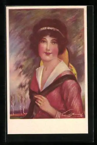 Künstler-AK Junge Dame mit Hut und Haarreif, Art Deco