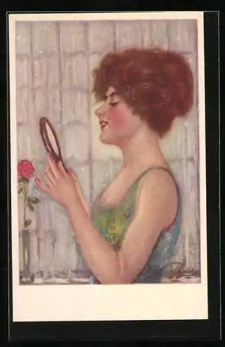 Künstler-AK Junge Dame betrachtet sich im Spiegel, Art Deco