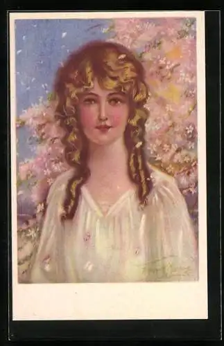 Künstler-AK Junge Frau mit blonden Locken, Art Deco