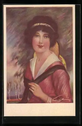 Künstler-AK Junge Dame mit Hut und Haarreif, Art Deco