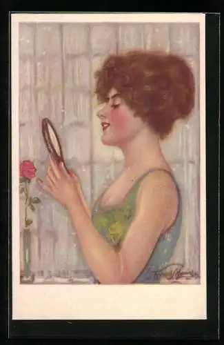 Künstler-AK Junge Frau betrachtet sich im Spiegel, Art Deco
