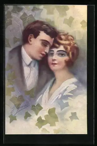 Künstler-AK Liebespaar unter einem Blätterdach, Art Deco