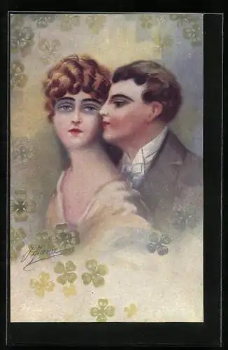 Künstler-AK Liebespaar mit Glücksklee, Art Deco