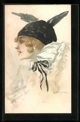 Künstler-AK Junge Dame mit dunkler Mütze, Art Deco