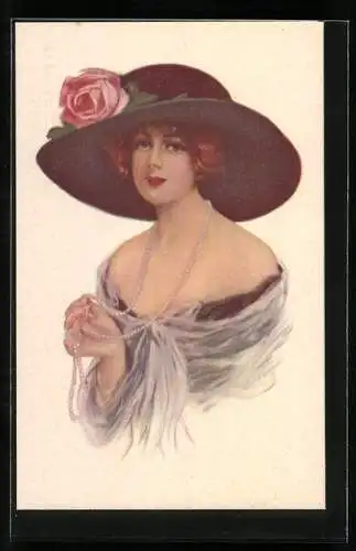 Künstler-AK Elegante Dame mit Hut, Art Deco
