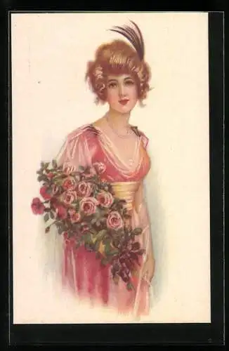 Künstler-AK Junge Dame mit Rosen, Art Deco