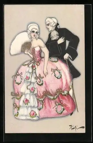 Künstler-AK Barockdame mit Fächer und Kavalier, Art Deco
