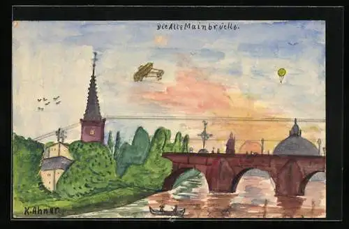 Künstler-AK Handgemalt: Frankfurt /Main, Alte Mainbrücke, Flugzeug