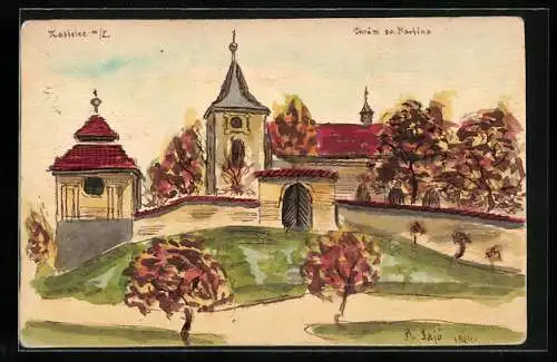 Künstler-AK Handgemalt: Kostelec nad Labem, Chram su. Martina