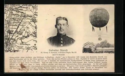 AK Göttingen, Gefreiter Storch, Unglücksfahrt mit Luftballon Segler 4. Dezember 1909
