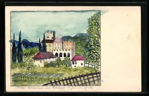 Künstler-AK Handgemalt: Idyllisches Dorf mit Burg