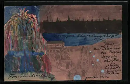 Künstler-AK Handgemalt: Hannover, Ortsansicht mit Springbrunnen