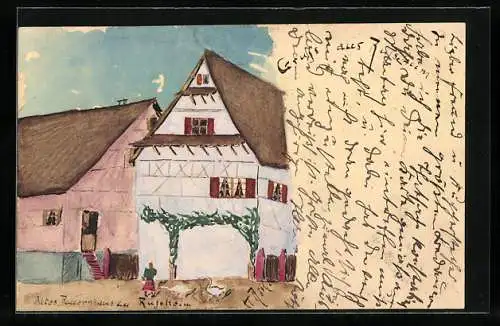 Künstler-AK Handgemalt: Schriesheim, Altes Fachwerk-Bauernhaus