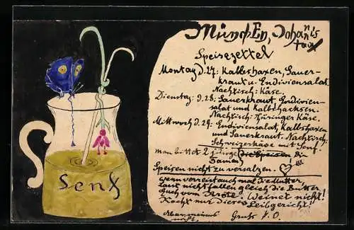 Künstler-AK Handgemalt: Schmetterling trinkt aus Senfglas