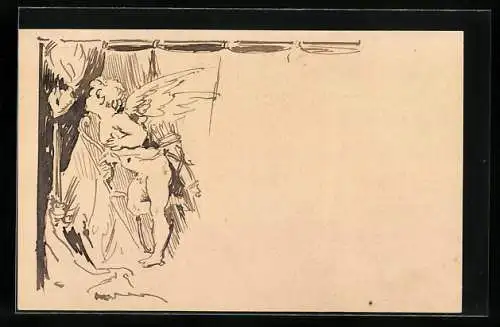 Künstler-AK Handgemalt: Kleiner Engel mit Lyra