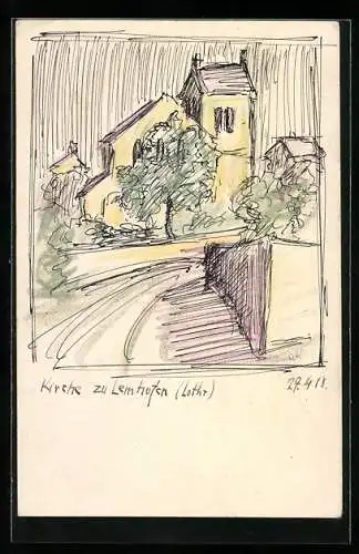 Künstler-AK Handgemalt: Lemhofen /Lothr., Kirche mit Strasse