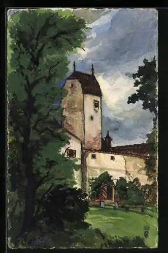 Künstler-AK Handgemalt: Grafing bei München, Burg Elkofen im Grünen