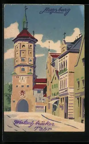 Künstler-AK Handgemalt: Augsburg, Wertachbrücken-Tor im Sonnenschein