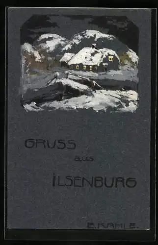 Künstler-AK Handgemalt: Ilsenburg, Haus in verschneiter Berglandschaft