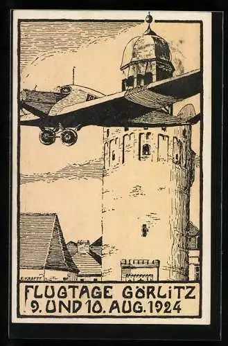 Künstler-AK Görlitz, Flugtage 1924, veranstaltet vom Luftfahrt Görlitz e.V., Flugzeug am Dicken Turm