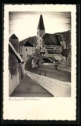 Künstler-AK Handgemalt: Weissenkirchen, Ortspartie mit Kirche