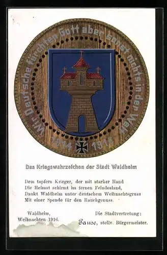 AK Waldheim / Sachsen, Kriegswahrzeichen der Stadt mit Wappen, Nagelung