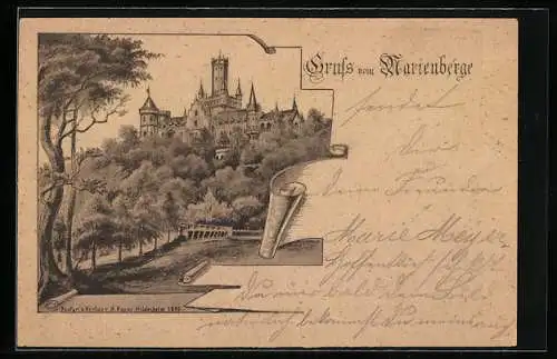 Vorläufer-Lithographie Pattensen / Leine, 1890, Schloss Marienburg auf dem Marienberge