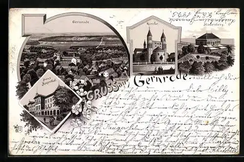 Vorläufer-Lithographie Gernrode / Harz, 1895, Haus Hagenthal, Kirche, Stubenberg, Ortsansicht