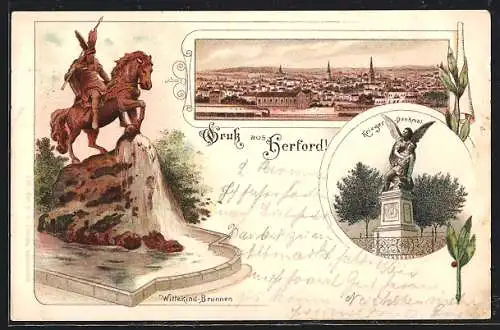 Lithographie Herford, Krieger-Denkmal, Wittekind-Brunnen, Totalansicht