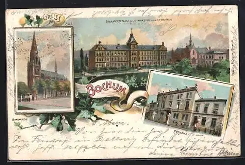 Lithographie Bochum, Bismarckstrasse mit Gymnasium und Kreishaus, Rathaus, Marienkirche