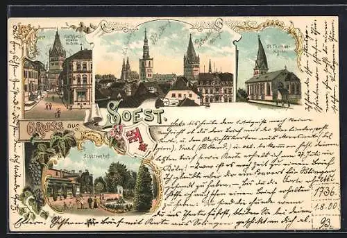 Lithographie Soest, St. Thomas Kirche, Rathausstrasse mit Dom, Schützenhof