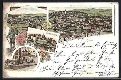 Lithographie Siegen, Blick auf das Hüttenthal, Oberes Schloss, Kaiser Wilhelm I. Denkmal