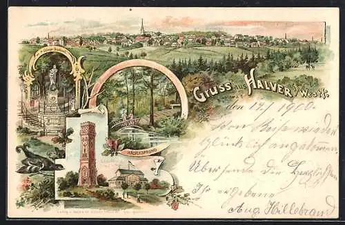 Lithographie Halver i. Westf., Carlshöhe mit Aussichtsturm, Kriegerdenkmal, Panorama