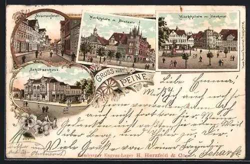 Lithographie Peine, Schützenhaus, Stederdorferstrasse, Marktplatz mit Breitestr.