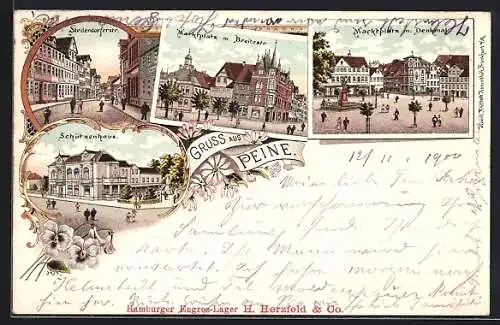 Lithographie Peine, Schützenhaus, Stederdorferstr., Marktplatz, Breitestr.