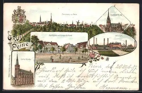 Lithographie Peine, Panorama, Walzwerk, Marktplatz mit Kriegerdenkmal, Kathol. Kirche