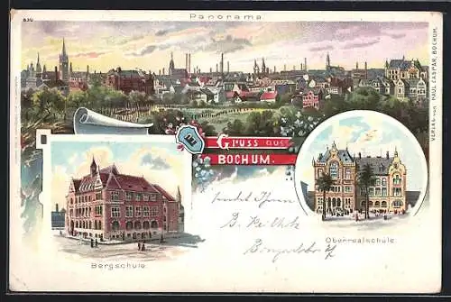 Lithographie Bochum, Panorama der Stadt, Wappen, Berg- und Oberrealschule