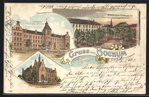 Lithographie Bochum, Gymnasium m. d. Bismarckdenkmal, Wilhelmsplatz m. d. Amtsgericht, Ständehaus